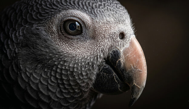 Extreme close-up macro shot of a Timneh African Grey parrot&rsquo;s face