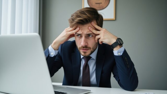 Man in suit with hands on head, frustrated in office environment.