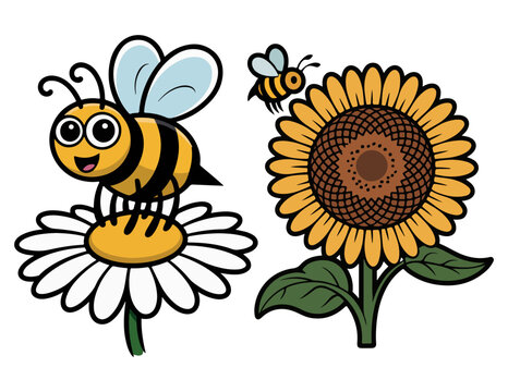 Set of Happy Bumblebee on Daisy and Honeybee Pollinating Sunflower