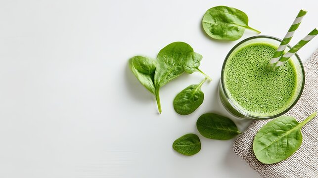 Fresh green vegetable smoothie in a glass with paper straws surrounded by scattered spinach leaves on a white surface