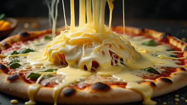 Slow motion pour of molten cheese over sizzling pizza, cheese strings pulling naturally, realistic detail, professional studio lighting, bright and contrasting background