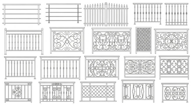 Ornamental Metal Railing CAD Block Set &ndash; Balcony, Fence and Decorative Ironwork Elevation Vector Collection
