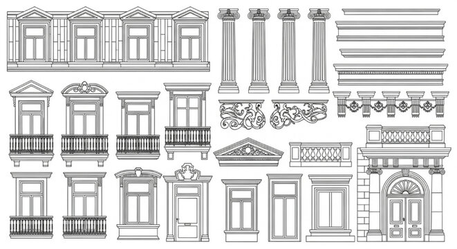 Neoclassical Facade CAD Block Set with Windows, Doors, Columns and Decorative Mouldings &ndash; Architectural Elevation Vector Library