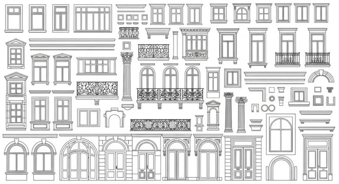 Comprehensive Classical Facade CAD Block Library &ndash; Windows, Doors, Columns, Railings and Architectural Detail Line Set