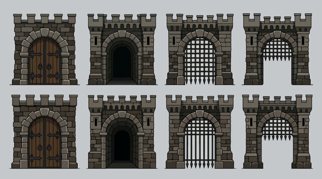 Collection of detailed pixel art fantasy gates and dungeon archways, perfect game assets featuring stone castle entrances with various door and portcullis states