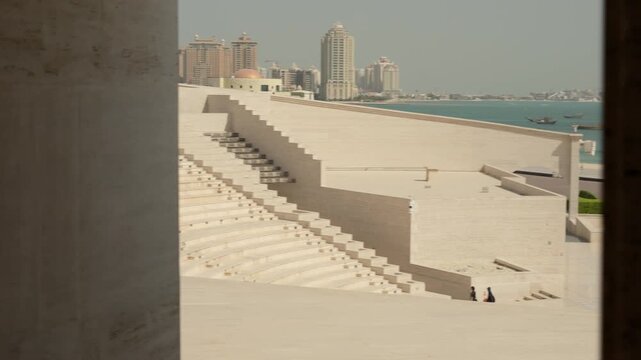 Slow Motion Katara Amphitheatre Architecture at Midday, Cinematic View of Cultural Landmark in Doha Qatar