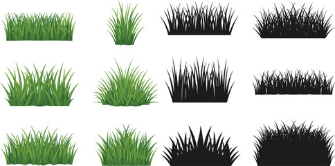 Green grass and silhouette lawn collection set with meadow tufts for landscaping design, garden borders and natural vegetation illustration © Millat