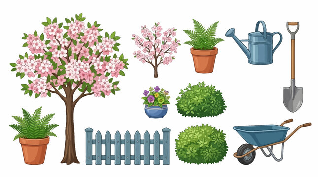 Garden illustration of blooming tree, potted plants, bushes, fence, watering can, and wheelbarrow for outdoor activities