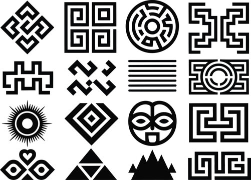 Brazilian, indigenous tribal pattern icon collection, Xingu shapes, Marajoara motifs, ritual symbols, geometric line designs, flat vector grid layout, cultural ornament elements, flat vector graphics 