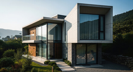 Fototapeta premium Architectural Modern House with Concrete, Wood, and Stone Facade on a Hillside