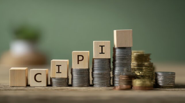 Consumer Price Index Concept: Rising Inflation with Coins and CPI Blocks on Green Background 