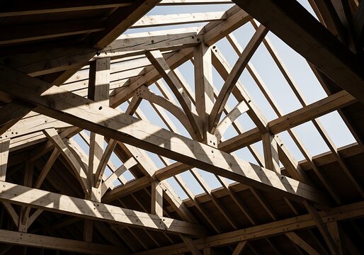 Low Angle View of Wooden Roof Trusses and Beams Under Construction