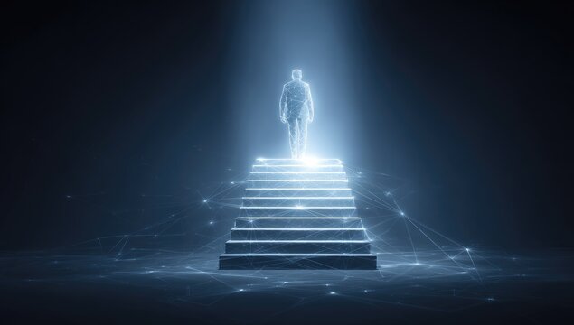 Glowing figure ascends digital stone steps