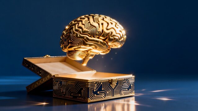 Golden brain with circuit design emerging from box
