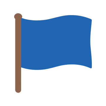 Blue flag waving gently on a brown pole against a white background