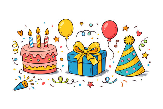 Hand Drawn Birthday Party Doodle Elements Set with Colorful Sketch of Cake, Candles, Gift Box, Balloons, Party Hat, and Confetti. Vector Illustration for Celebration, Anniversary, and Event Decor.