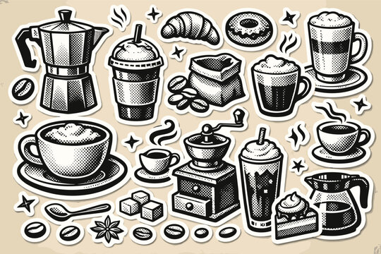 Vintage Coffee Sticker Collection with Halftone Texture; Retro Cafe Icons featuring Moka Pot, Espresso, Latte, Cappuccino, Coffee Beans, Grinder, Croissant, Donut, and Cake for Menu Design.