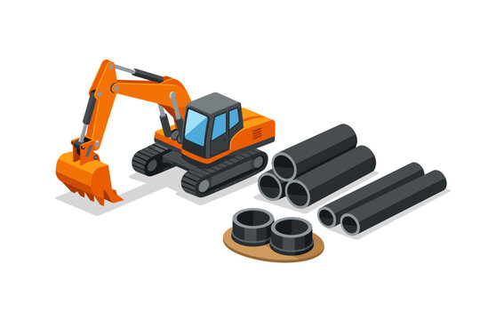 Orange construction excavator and black industrial pipes in isometric vector style. Heavy machinery for pipeline installation and infrastructure building projects isolated on white background.