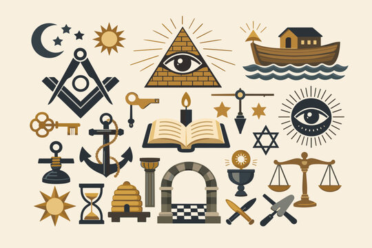 Freemason and Mason Symbols Set with Eye of Providence, Square and Compass, Illuminati Elements, Secret Union Brotherhood Icons, Esoteric Occult Signs, Masonic Tools, and Mystical Illustrations.