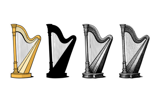 Collection of four stylized harp illustrations in different graphic art techniques including flat gold color, solid black silhouette, detailed vintage woodcut engraving, and stippled pointillism.