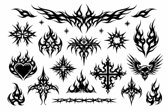Gothic Neo Tribal Fire Abstract Graphics Set with Y2K Cyber Tribal Shapes and Edgy Sigilism Design Elements. Vector Illustrations of Skull, Heart, Cross, and Flames for Streetwear and Tattoo Art.