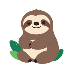 Fototapeta premium Cartoon illustration depicts a three toed sloth with crossed arms and leaves, presented against a plain white background, evoking a sense of calmness.