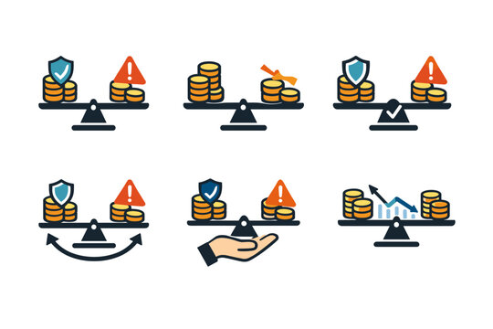 Risk management in investments icon set featuring balance scales with money coins, security shields, and warning signs for financial planning, wealth protection, and asset allocation strategies.
