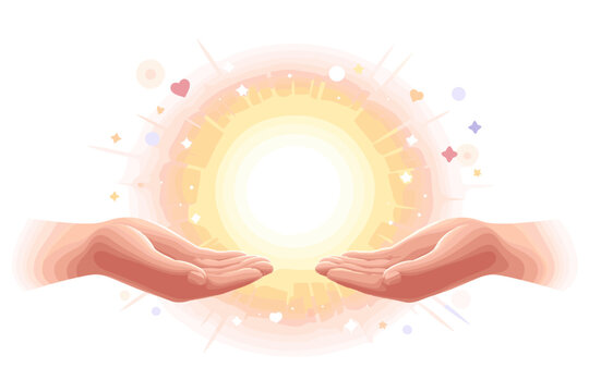 Two hands cupped together holding a bright glowing light with stars and hearts, representing hope, support, energy, and the power of attraction. 3D vector illustration of spiritual healing and care.