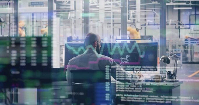 Glowing Blue VFX Data Particles and Hologram Lines Fly Through Server Racks. Digital Visualization of Big Data Processing and Cloud Computing Storage. Concept of Cybersecurity in Dark Data Center.