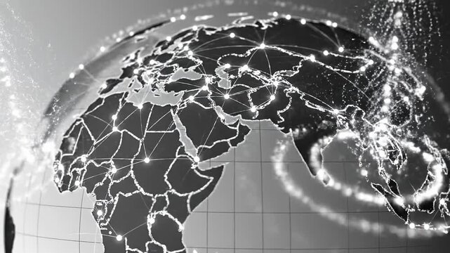 Monochrome digital globe with glowing network nodes across Asia