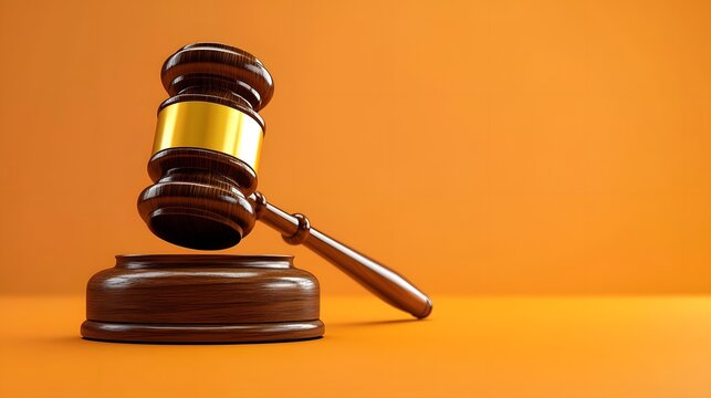 Courtroom authority symbol with wooden hammer on orange image