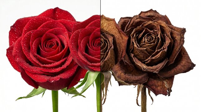 Time-lapse photography shows blooming or wilting, but a single rose where the left half is a fresh bud opening and the right half is brown, wrinkled, and dying &mdash; on the same flower with no visible tra