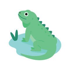 Fototapeta premium Stylized light green iguana rests on a light blue surface near foliage
