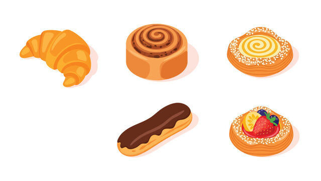 An assortment of delicious baked goods including a croissant, cinnamon roll, fruit Danish, cream Danish, and chocolate eclair on a white background.