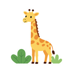 Obraz premium Cartoon giraffe standing among some green bushes on a white background