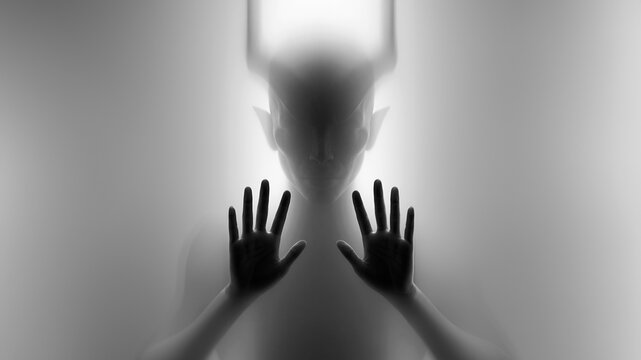 Bedrohliche Silhouette einer d&auml;monischen Figur mit H&ouml;rnern, die sich gegen eine beleuchtete Wand abzeichnet, mit ausgestreckten H&auml;nden.