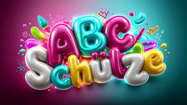 Ein farbenfrohes 3D-Schriftzug-Kunstwerk mit dem Text &bdquo;ABC Sch&uuml;tze" in leuchtenden Farben auf buntem Hintergrund.
