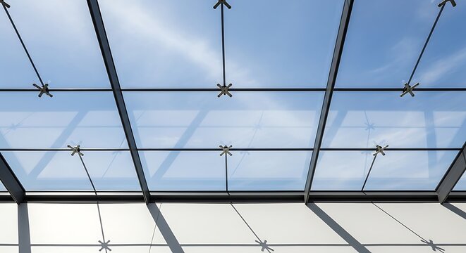 Modern Glass Skylight with Spider Fittings and Blue Sky