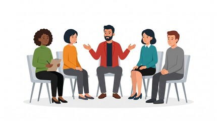 Obraz premium Diverse male manager leading a business meeting with diverse employees sitting on chairs, concept for corporate coaching, professional development and team collaboration