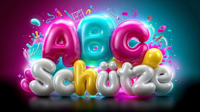Ein farbenfrohes 3D-Schriftzug-Kunstwerk mit dem Text &bdquo;ABC Sch&uuml;tze" in leuchtenden Farben auf buntem Hintergrund.