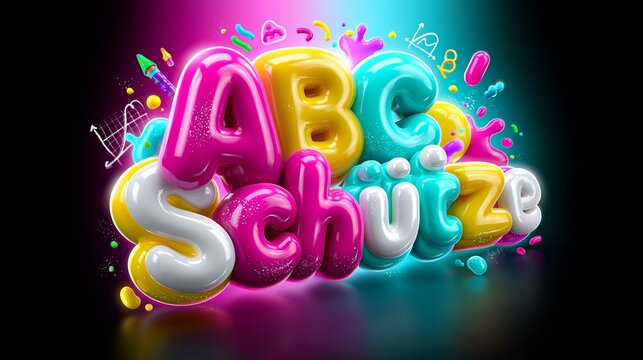 Ein farbenfrohes 3D-Schriftzug-Kunstwerk mit dem Text &bdquo;ABC Sch&uuml;tze" in leuchtenden Farben auf buntem Hintergrund.