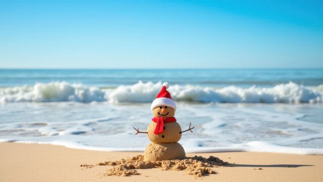 Sandy beach with waves, featuring a holiday sandman in Santa Claus outfit.