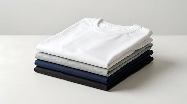 Pristine stack of neatly folded, soft cotton t-shirts in classic neutral colors for versatile everyday style and ultimate comfort