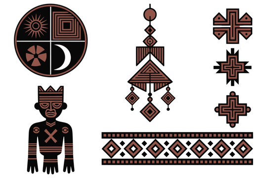 Mapuche, cultural symbol icon collection, vector illustration with traditional crafts and motifs, indigenous heritage design elements, ethnic ornaments, flat vector graphics for education, exhibitions