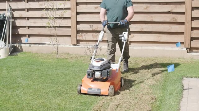 A man uses a professional gasoline scarifier to remove moss and thatch from a green lawn in a private house backyard.