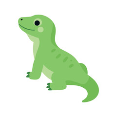 Fototapeta premium Cheerful green iguana sitting on white background looking up to the left side of the scene