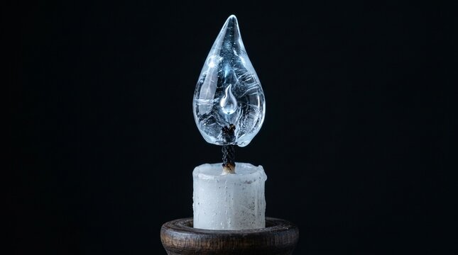 Ice sculptures of flames exist, but an actual candle flame that has been frozen into clear ice while still attached to the wick &mdash; with the ice flame retaining flicker-shape, heatless, translucent &mdash; is
