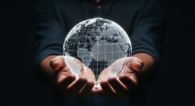 Hands holding glowing digital wireframe earth globe, global communication technology infrastructure, blue data lines world map connectivity, planetary tech backdrop decoration artwork.