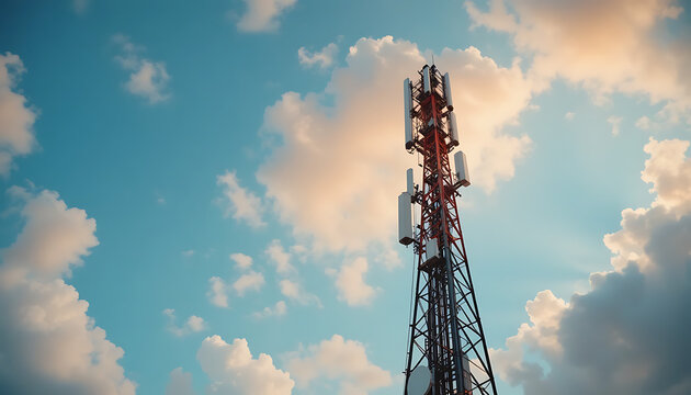 A tall red and black cell tower stands against a blue sky with fluffy white clouds during sunset or sunrise