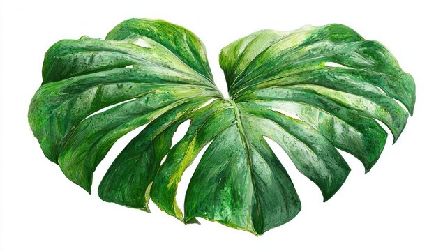Vibrant green tropical leaf with natural splits and veins on a white background